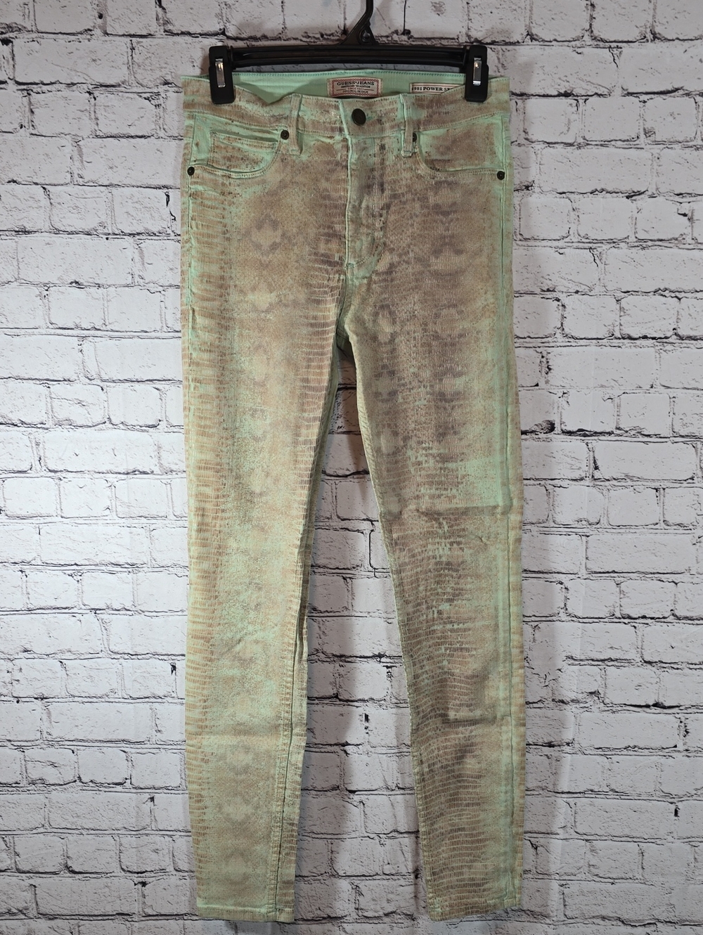 Guess Jeans Mint Green '1981 Power Skinny' Jeans Gold Snakeskin Coating Size 27